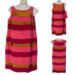 Voyage by Marina Rinaldi Pink Gold Linen Stripe Shift Midi Dress Sz MR 23/US 14